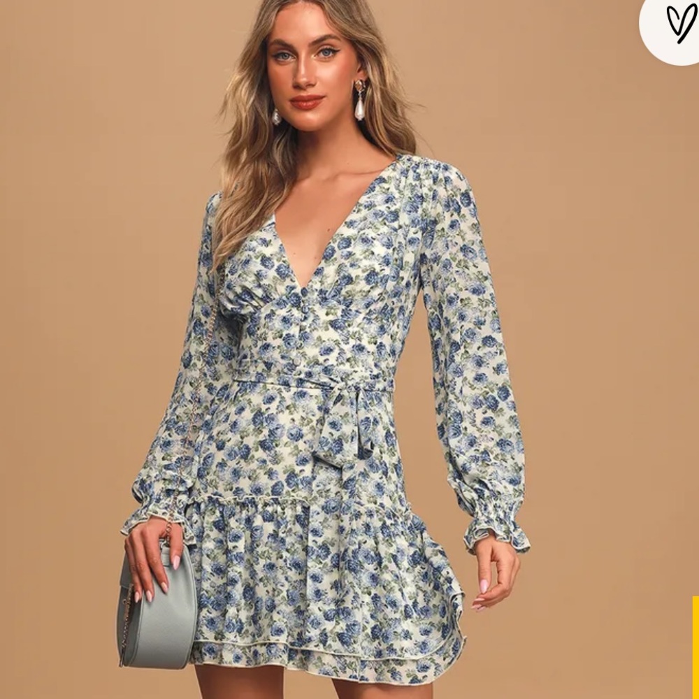 Lulus Sweetest Romance Cream Floral Print Ruffled Skater Dress